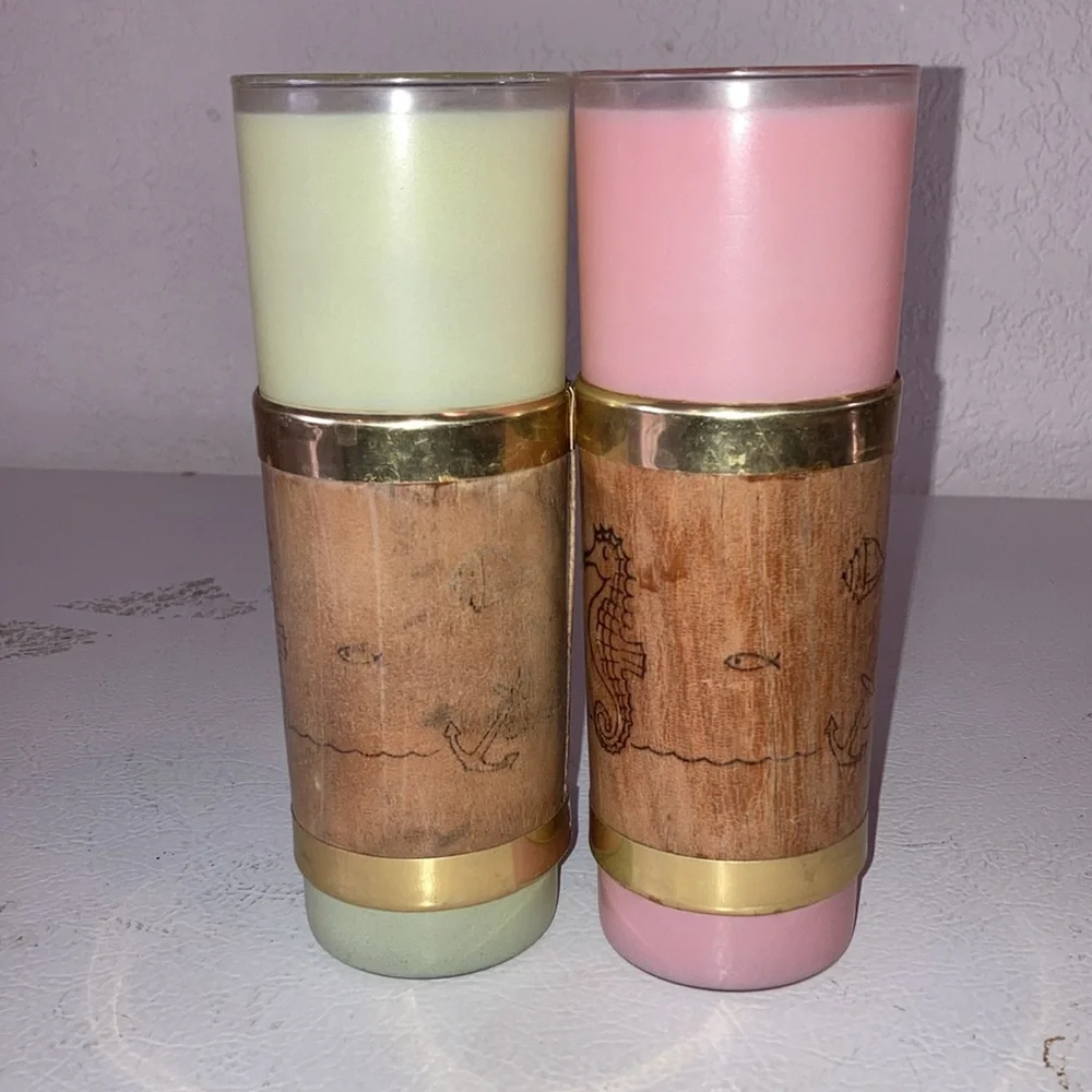 Libbey Palm Royale Tall MCM Frosted Glasses W/ Wood Tiki Bands Gold Pink Green